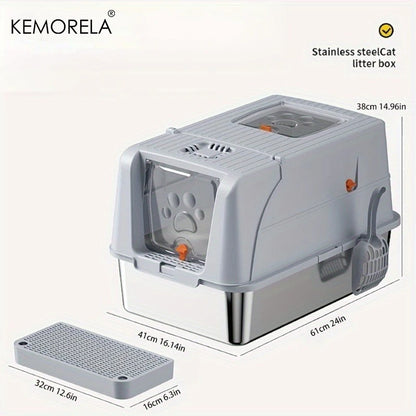 Extra Large Stainless Steel Cat Litter Box Convertible to Fully or Semi-Enclosed Detachable Flip Cover with Pedal &Scoop,for Cat