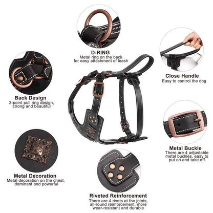 Genuine Leather Dog Harness Durable Large Dogs Harnesses Riveted Pet Training Vest With Metal Accessories For Medium Large Dogs