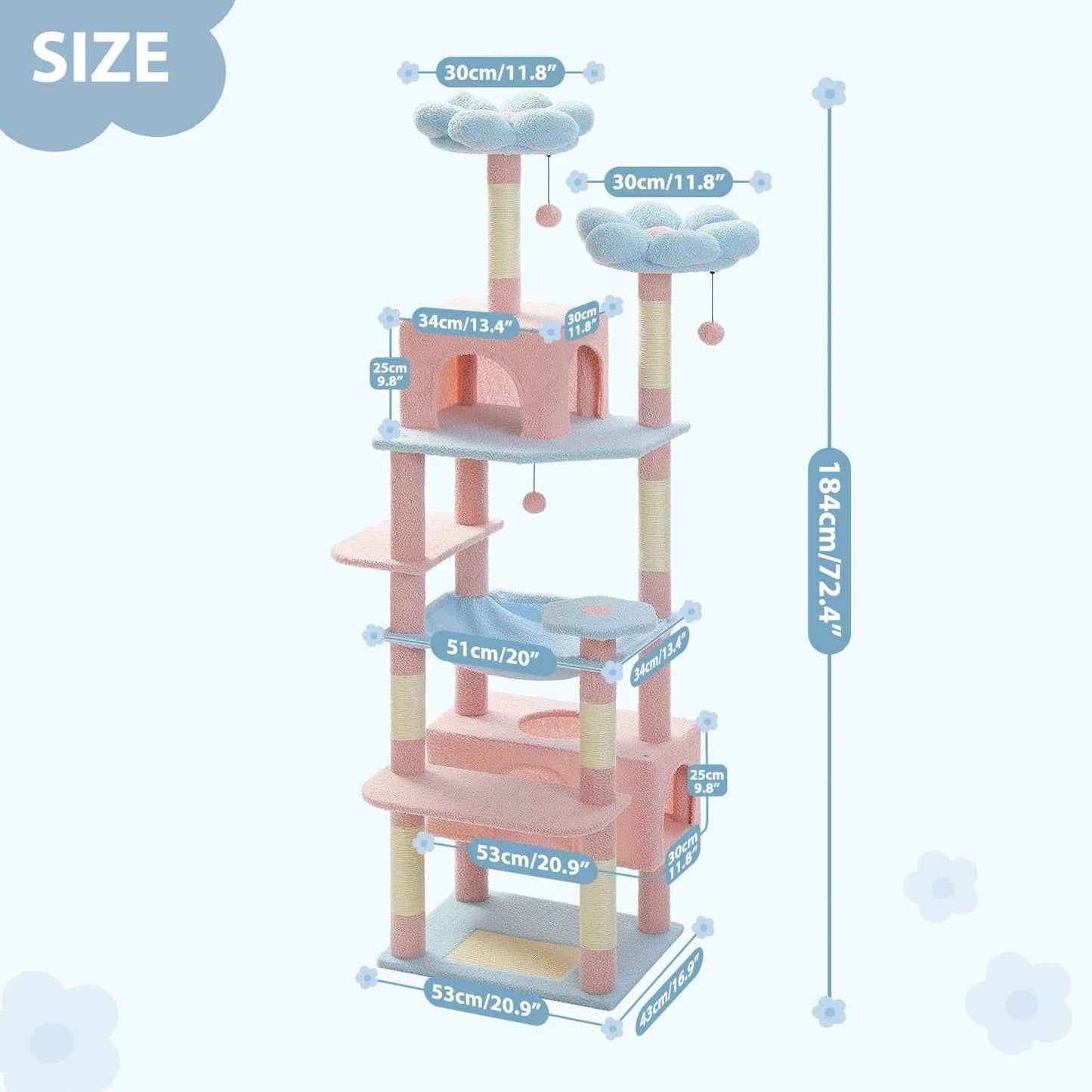 184cm Large Cat Tree Tower for Indoor Cats With Sisal-Covered Scratching Posts Spacious Hammock Padded Perches and Condos Blue