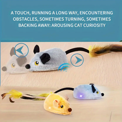 Interactive plush cat toy with sound and LED lighting, USB rechargeable, automatic mouse movement