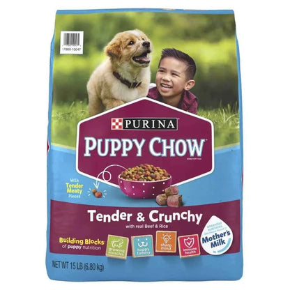 Purina Puppy Chow Dry Dog Food, High Protein Tender and Crunchy Real Beef Formula, 15 lb Bag