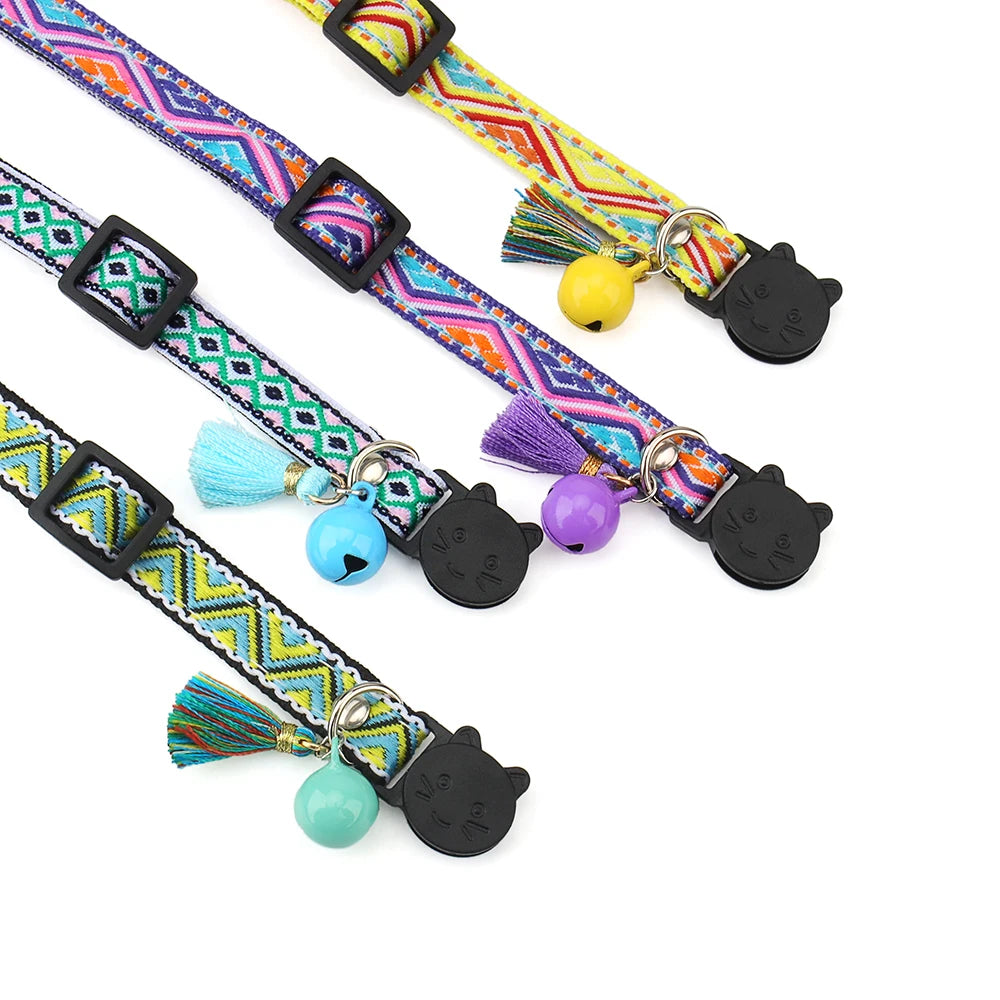 Adjustable Cat Collar Polyester Jacquard Pattern Pet Collar with Bell and Tassel Decoration for Cats and Small Dogs To Keep Lost