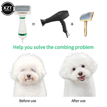 Dog grooming tools including a brush, hair dryer, and comb with before and after images of a dog.