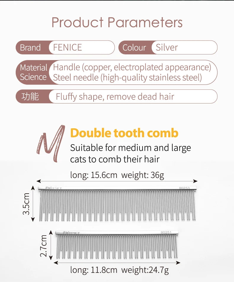 Fenice Professional Anti-Corrosion Grooming Comb For Dogs Cats Tapered Stainless Steel Pins Pet Grooming Supplies