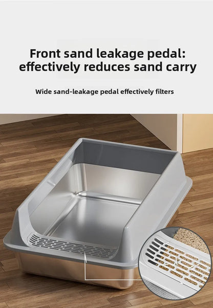 Premium Stainless Steel Cat Litter Box Semi-Enclosed Anti-Splash Cat High Rim Paw Clean Grid Multi Size Kitten Large Cat Toilet