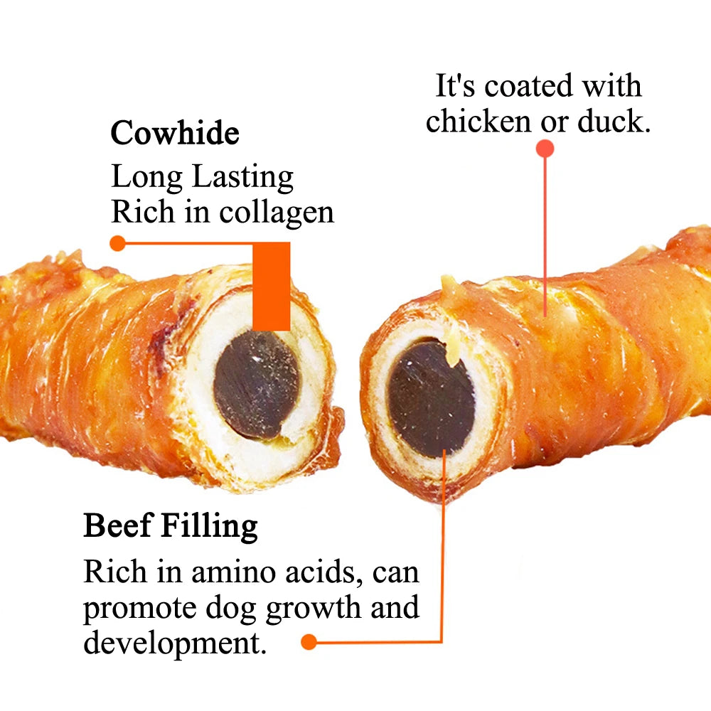 Cowhide Wrapped in Chicken Beef Filling Dog Treats for Medium, & Large Dog - Made with Chicken and Cowhide - High Protein