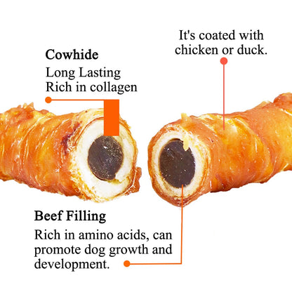 Cowhide Wrapped in Chicken Beef Filling Dog Treats for Medium, & Large Dog - Made with Chicken and Cowhide - High Protein