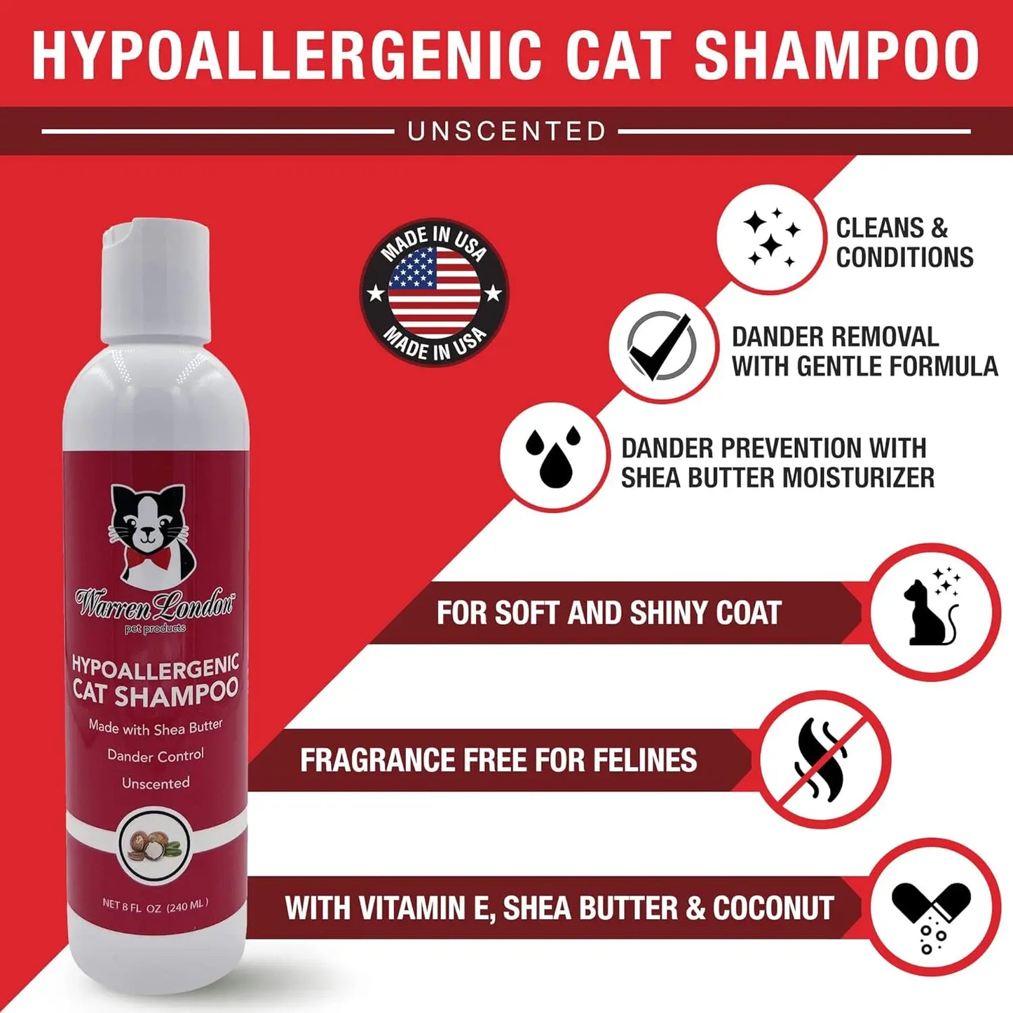 Hypoallergenic Cat Shampoo & Conditioner 8 oz – Unscented, Shea Butter Moisturizing, Soap-Free 2-in-1 for Dander & Allergy Contr