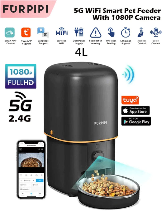 Furpipi Smart Automatic Cat Feeder with 1080P Camera – 2.4G/5G WiFi Tuya APP Control, Stainless Steel Bowl - Pet Suppie