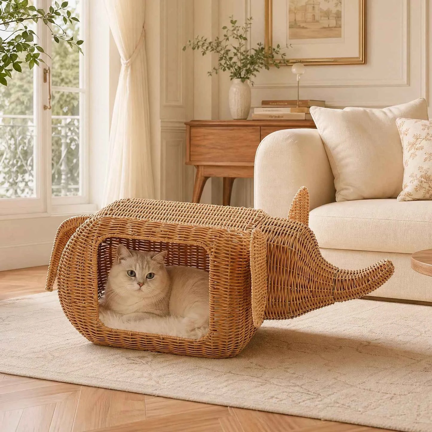 Handmade Elephant Rattan Cat Condo Bed – Plush Cushioned Wicker Hideaway, Heavy-Duty Indoor Shelter for Large Cats & Small Kittens