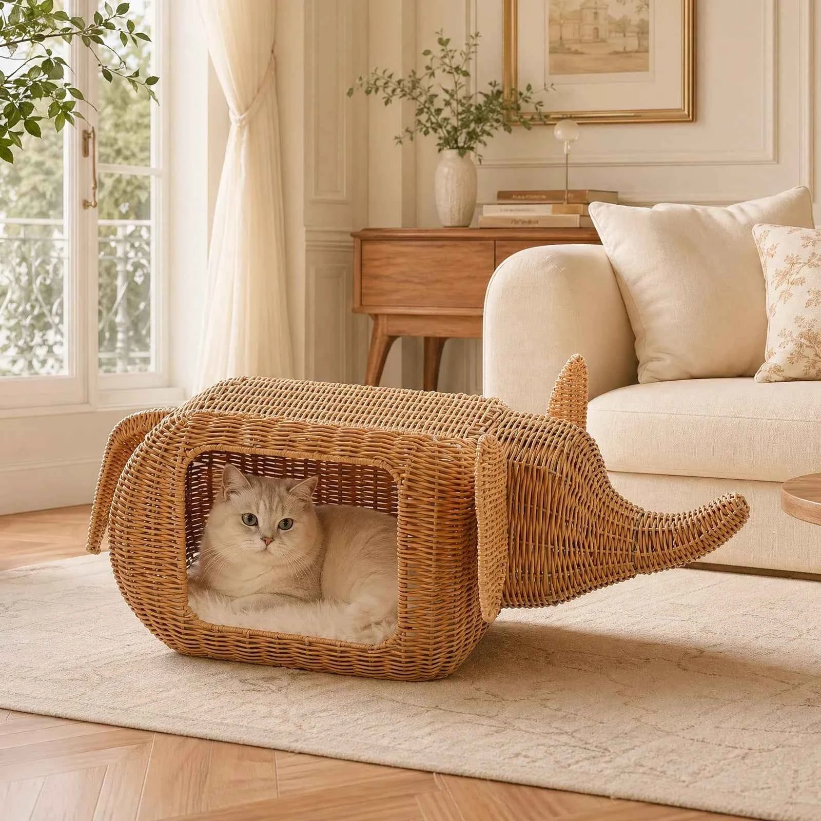 Handmade Elephant Rattan Cat Condo Bed – Plush Cushioned Wicker Hideaway, Heavy-Duty Indoor Shelter for Large Cats & Small Kittens