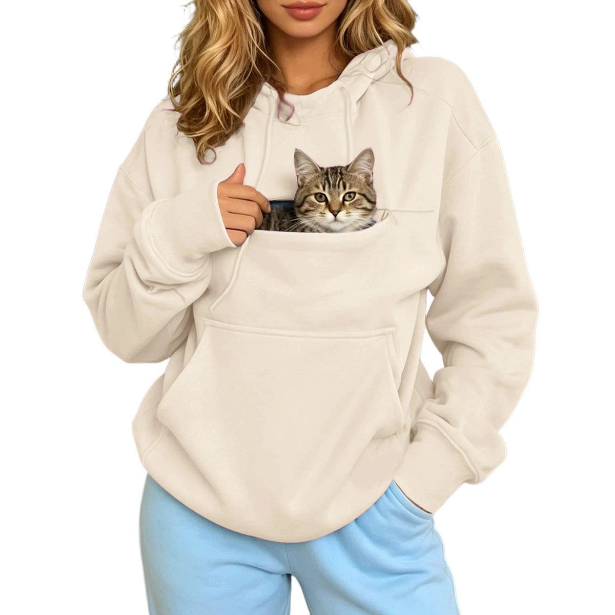 Pet Lover Sweatshirt Women Pet Carrier Hoodie With Pet Pocket Drawstring Long Sleeve Cat Dog Holding Pullover Solid Loose Casual