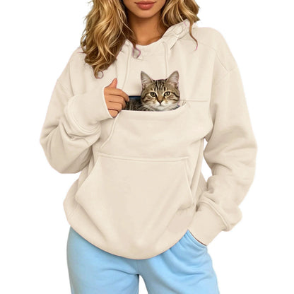 Pet Lover Sweatshirt Women Pet Carrier Hoodie With Pet Pocket Drawstring Long Sleeve Cat Dog Holding Pullover Solid Loose Casual
