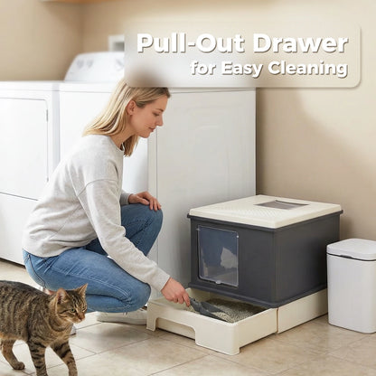 Enclosed Cat Litter Box with Scoop, Large Litter Box for Indoor, Cat Toilet with Lid, Pull-Out Drawer, Top Exit Anti-Tracking