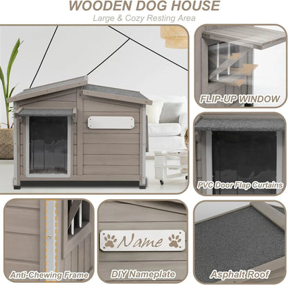 Petscosset Dog House Outdoor, Anti-Chewing Iron Frame Wooden Dog Kennel Outside