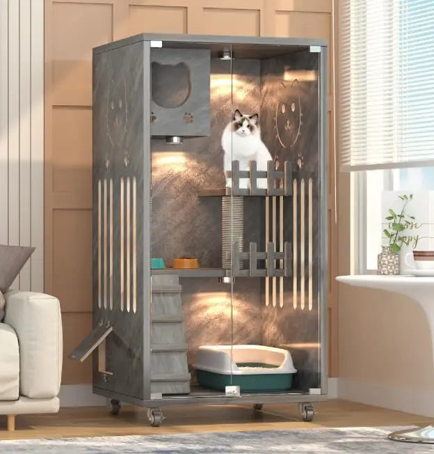 Large Wooden Cat House, Indoor Cat Condo Enclosed, Multi-Feature Luxury Cat Villa with Wheels Scratching Post, Wooden Cattery