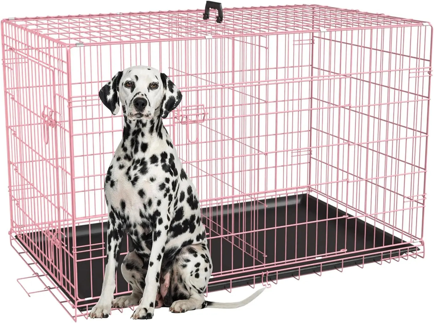 Extra Large Dog Crate with Double Door, 48 Inch Folding Metal Wire Cage, Removable Tray & Divider Panel for Large Dogs in Pink