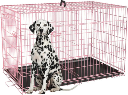 Extra Large Dog Crate with Double Door, 48 Inch Folding Metal Wire Cage, Removable Tray & Divider Panel for Large Dogs in Pink
