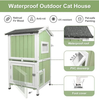 Weatherproof Two-Story Wooden Outdoor Feral Cat House with Openable Roof and Escape Door