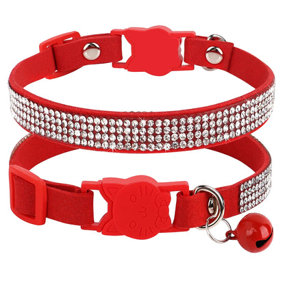 Soft Pink Suede Leather Cat Collar - Bling Rhinestone Design with Bell, Safety Breakaway & Adjustable XS/S for Cats & Puppies