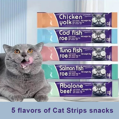 Pet Snacks Cat Strips Young Cat Wet Food Pack Nutrition Abalone+Beef Cod Salmon Formula Mixed Flavor Cat Liquid Snacks 30 Strips