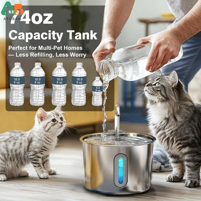 ATUBAN Cat Water Fountain ,74oz/2.2L Cat Fountain for Drinking - Pet Water Fountain Stainless Steel Quiet Water Bowl Dispenser