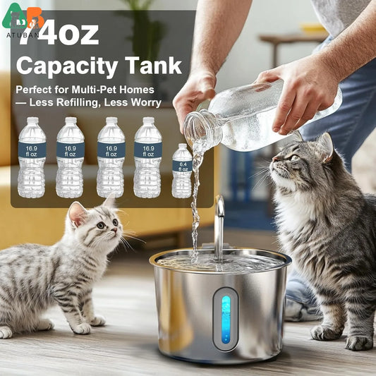 ATUBAN Cat Water Fountain ,74oz/2.2L Cat Fountain for Drinking - Pet Water Fountain Stainless Steel Quiet Water Bowl Dispenser - Pet Suppie
