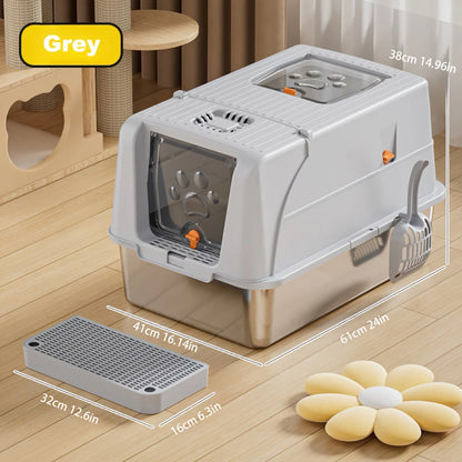Extra Large Stainless Steel Cat Litter Box Convertible to Fully or Semi-Enclosed Detachable Flip Cover with Pedal &Scoop,for Cat