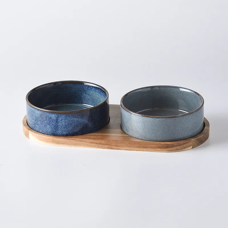 Dog Bowl Ceramic Matte Pet Bowl Cervical Spine Protector Anti Knock Over Wooden Tray Pet Feeding Supplies Cat Accessories
