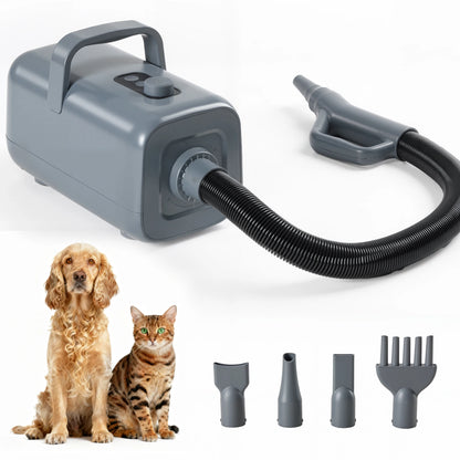Pet grooming dryer with attachments on a white background