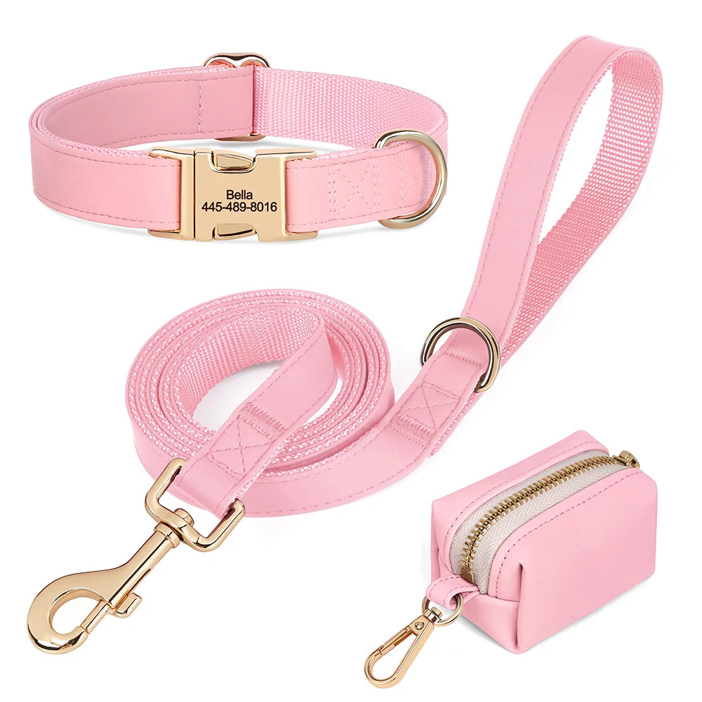 Personalized Dog Collar Leash Bag Set Custom PU Leather Dog Collars Colorful Pet Necklace With Leashes Poop Bag for Dogs Pug