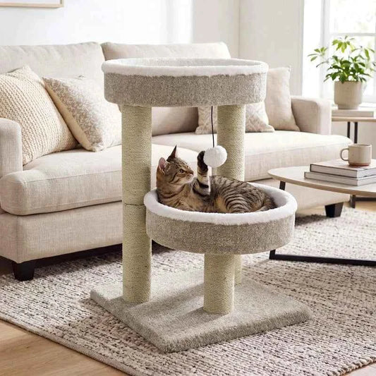24" Cat Tower with 2 Plush Perches  Scratching Posts and Dangling Ball-Beige