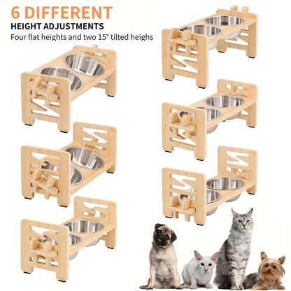 Adjustable wooden raised dog bowl stand with 2 stainless steel bowls for small dogs and cats, sturdy wooden pet food feeder
