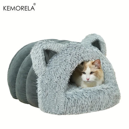 KEMORELA Plush Cat Ears Big Collar Pet Nest Cat Bed For Indoor Cats Thickened Pet Bed Cat House For Autumn And Winter Seasons