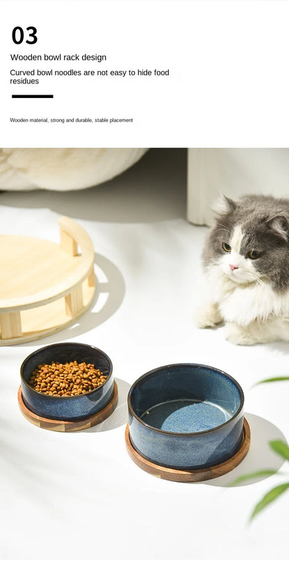 Dog Bowl Ceramic Matte Pet Bowl Cervical Spine Protector Anti Knock Over Wooden Tray Pet Feeding Supplies Cat Accessories