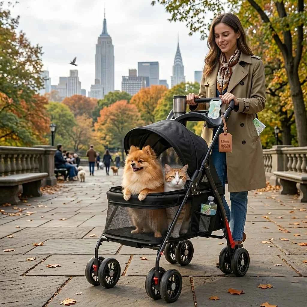 Spacious Pet Stroller for Dogs And Cats, Featuring Foldable Cage, Storage Basket, And Cup Holder Suitable for Small to Medium-Sized Dogs And Cats Four-Wheel Design (Black)