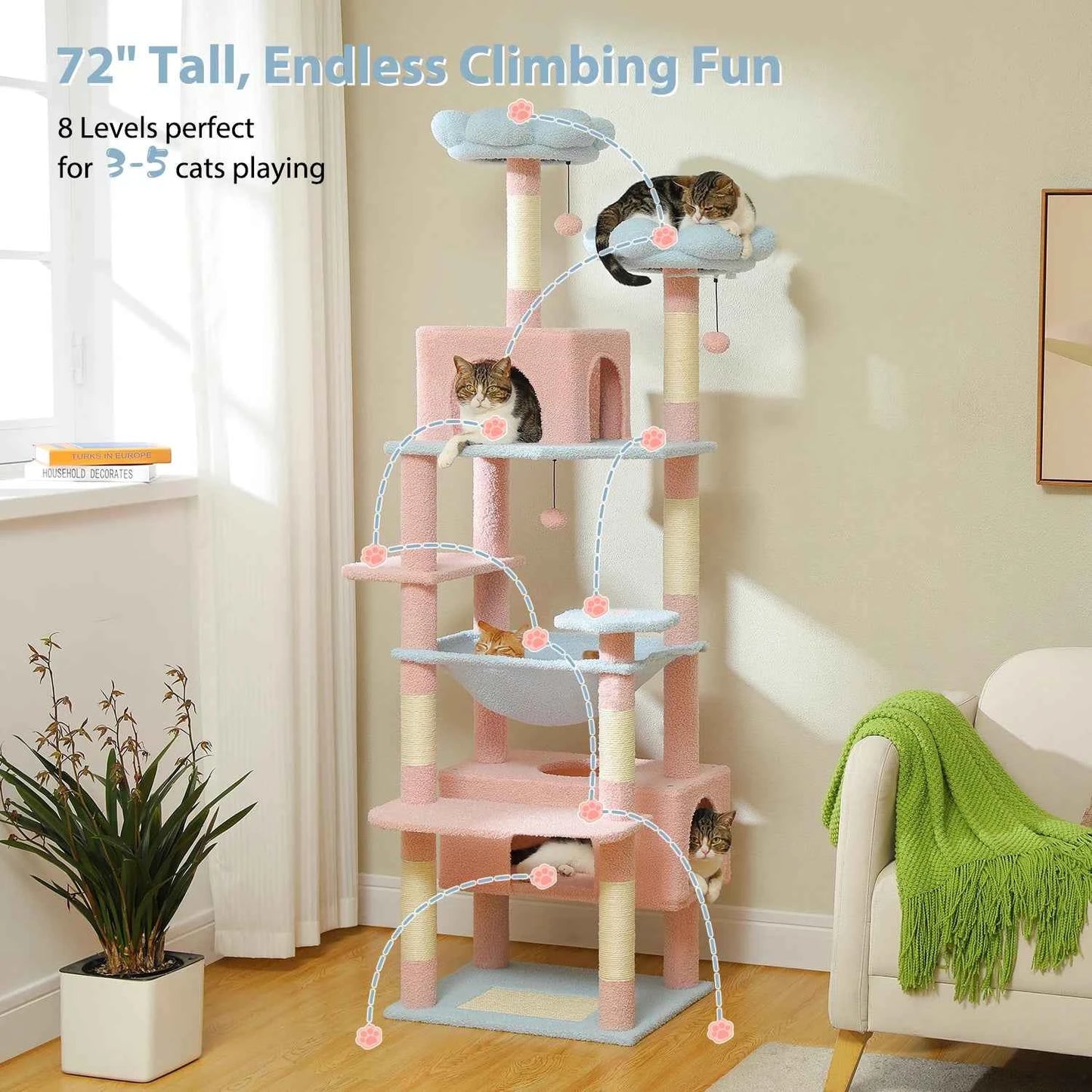 184cm Large Cat Tree Tower for Indoor Cats With Sisal-Covered Scratching Posts Spacious Hammock Padded Perches and Condos Blue