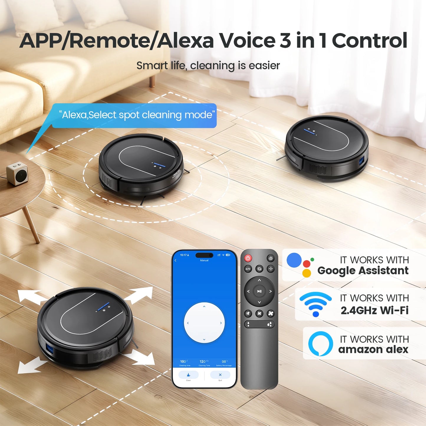 E2 Robot Vacuum Cleaner 3-in-1 Vacuum Floor Mop Cleaner with Auto-Charging 5000Pa Strong Suction Alexa/WiFi/App for Home Carpet Pet Hair Cleaning
