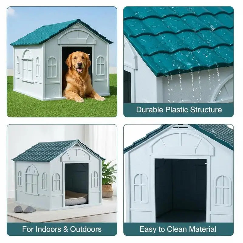 Plastic Weather-Resistant Dog House, for Indoors and Outdoors, Medium Dogs - White and Blue