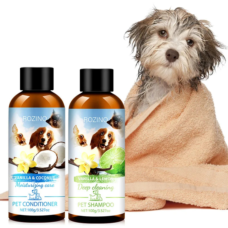 Pet Wash Care Set Shampoo 100ml+Conditioner 100ml Deodorizing Long Lasting Fragrance Cat Dog Shower Gel Pet Cleaning Products
