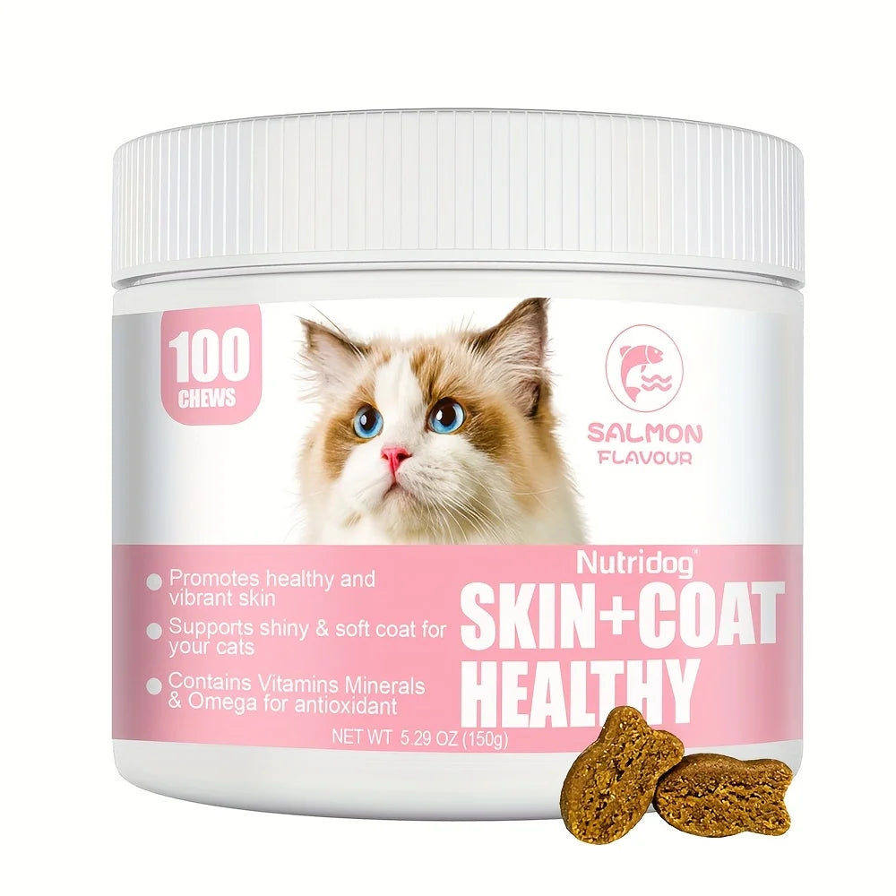 Nutridog Omega Skin And Coat Soft Chew -Omega 3 Fish Oil Skin And Coat Supplement - Shedding, Support Healthy Shiny Hair-Salmon Flavor-120 Chews-For Cats- Lysine Health Chews