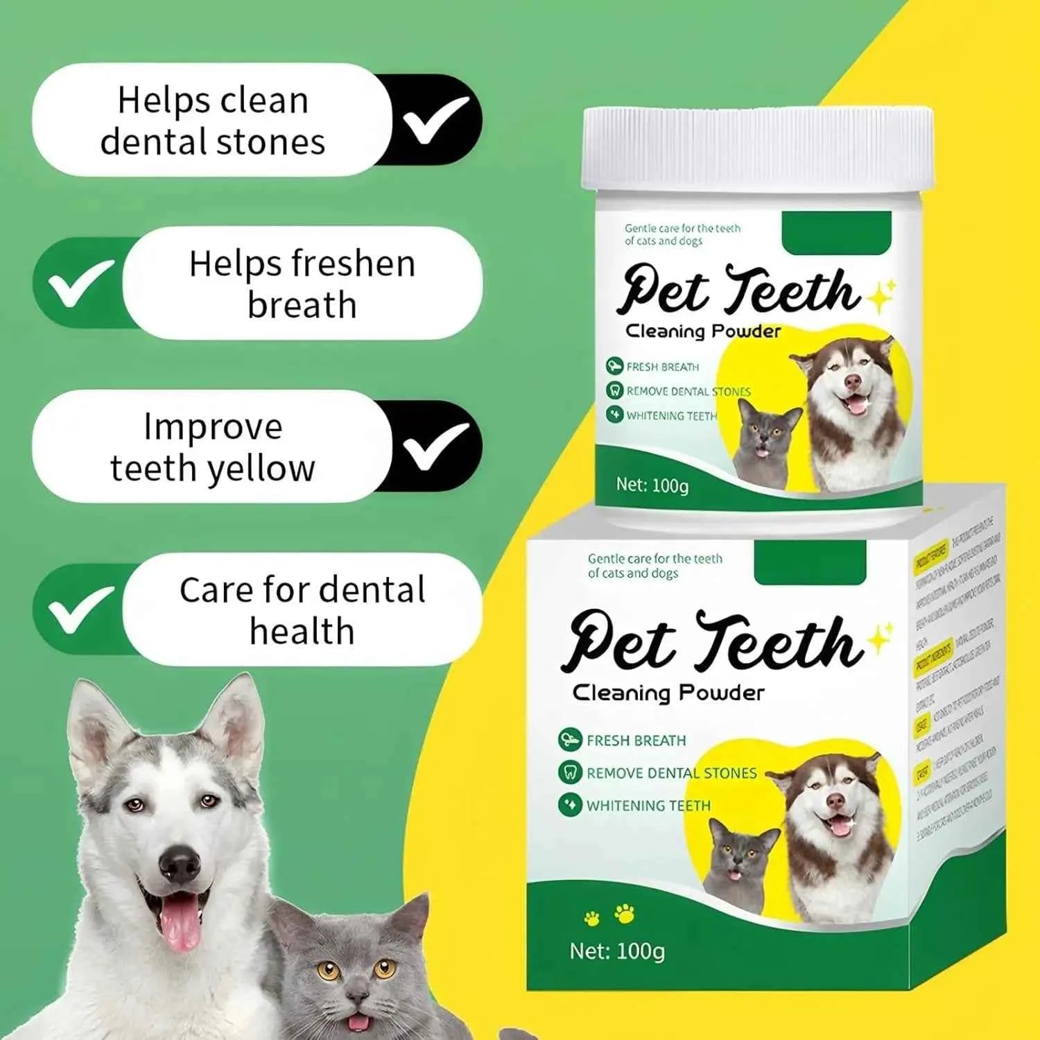 100g Pet Tooth Powder for Dog Cat Teeth Cleaning Dental Freshener with Probiotics for Bad Breath Plaque Tartar Oral Hygiene