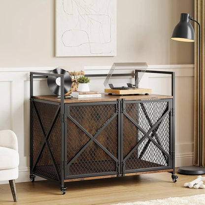Large Wooden Dog Crate Furniture, Decorative End Table Indoor Dog House, With Lockable Wheels For Dogs, Heavy Duty Dog Cage