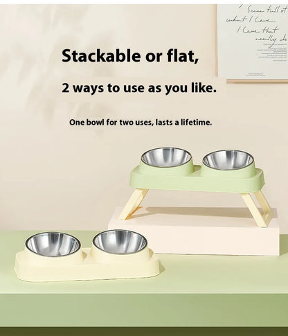 Stainless Steel Foldable Pet Bowl Double Dish - Elevated Feeder with Neck Support Anti-Tip Design for Cats Dogs