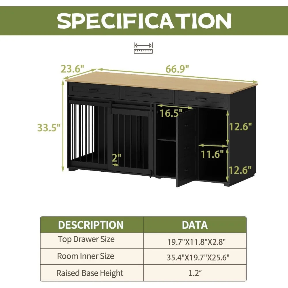 Wooden 72.4 Heavy-Duty Dog Crate Furniture with Storage Drawers and Shelves, Indoor Dog House TV Stand