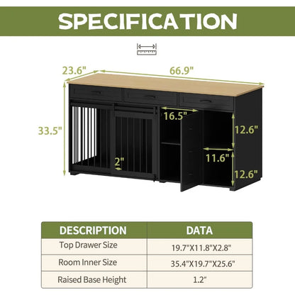 Wooden 72.4 Heavy-Duty Dog Crate Furniture with Storage Drawers and Shelves, Indoor Dog House TV Stand