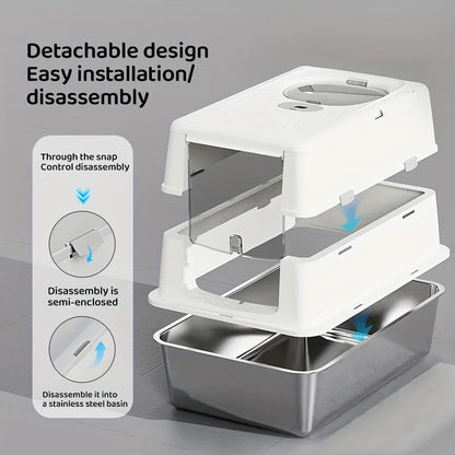 New Stainless Steel Cat Litter Box with Flip Cover Closed Design Easy to Clean Non-Slip Mat Indoor Cats Pet Supplies