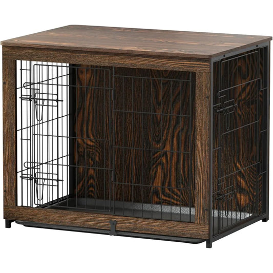 Wooden Dog Crate Furniture with Cushion, Medium Kennel End Table with Tray, Double Doors Indoor Pet House (32" L*22" W*26" H)