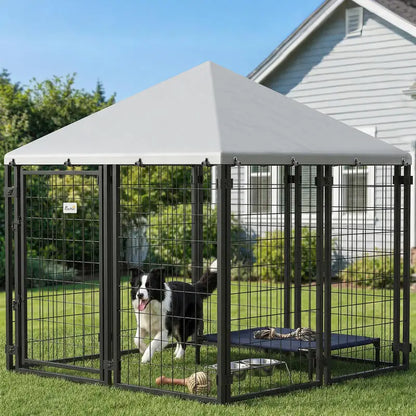 Lockable Dog House Kennel with Water-resistant Roof for Small and Medium Sized Pets, 4.6' x 4.6' x 5'