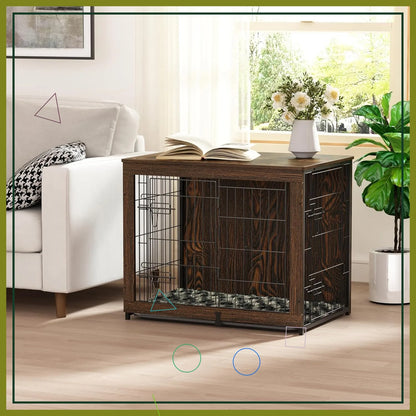 Wooden Dog Crate Furniture with Cushion, Medium Kennel End Table with Tray, Double Doors Indoor Pet House (32" L*22" W*26" H)